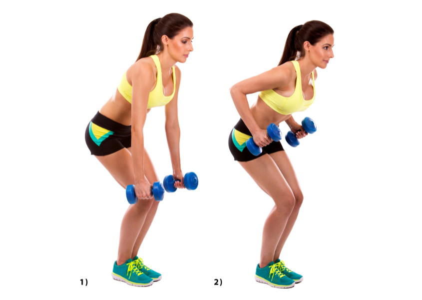 woman demonstrating steps of bent over dumbbell row